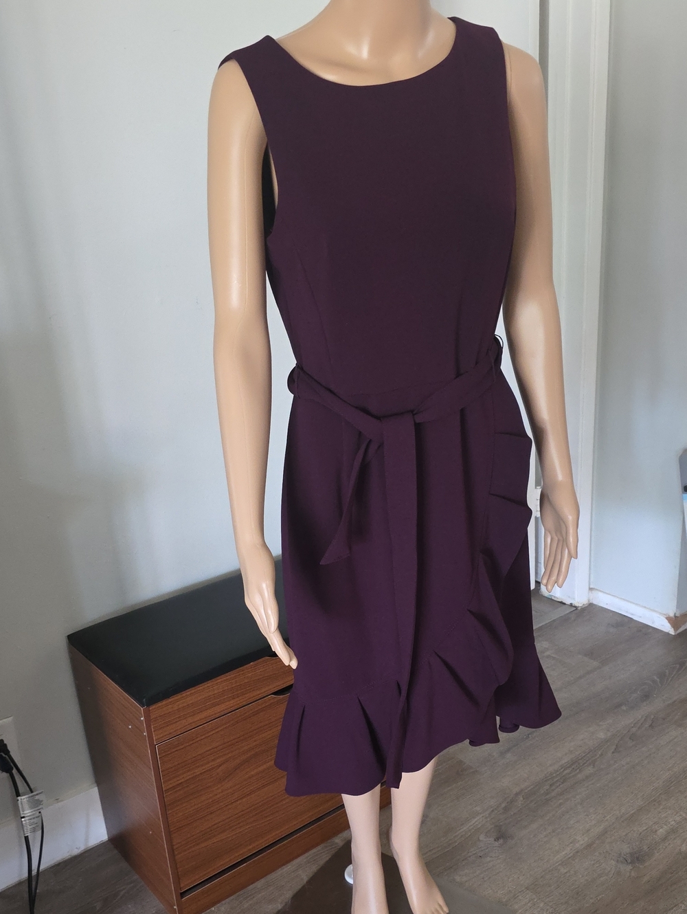 Calvin Klein Sleeveless Belted Midi Dress in Plum